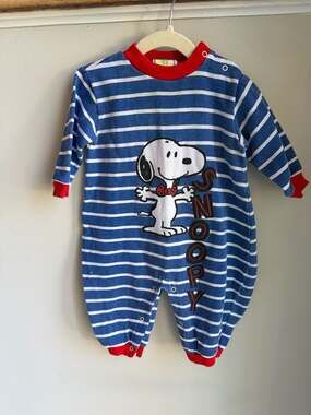 Vintage 80s Lightning Bug Snoopy Peanuts Striped Romper Jumpsuit 18M